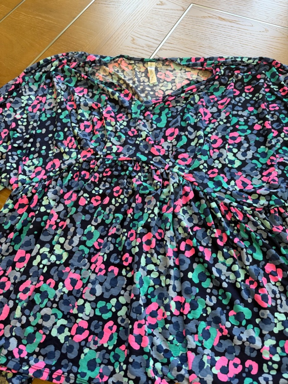 Scarlett Black V-Neck Tunic with Neon Pink & Teal Spot Print